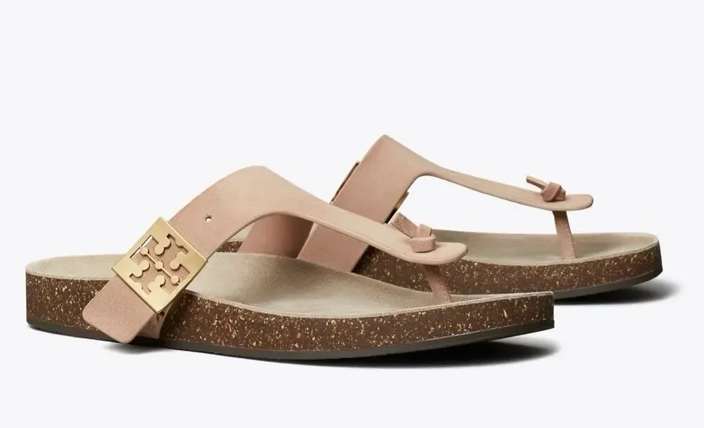 🆕Tory Burch Mellow T-Strap Suede Thong Cork Malva Pink Sandals NIB